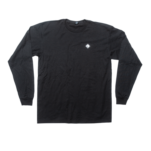 Front View of Black Long Sleeve Shirt w/ White Diamond R Rubber Patch