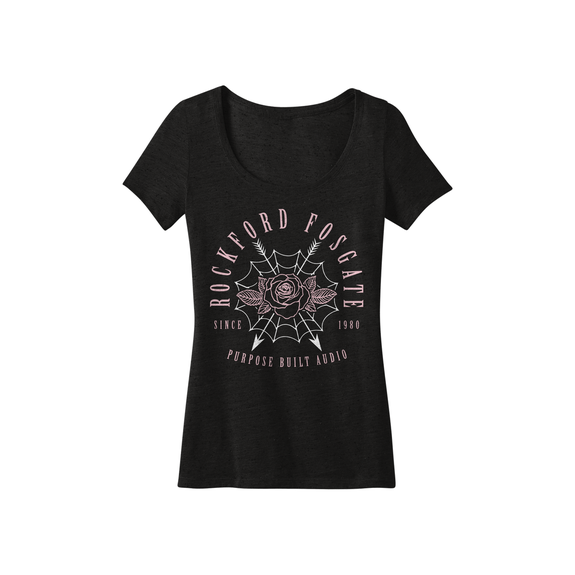POP-WNSWEB19-XL Black Ladies T-shirt with White Web and Pink Rose ...