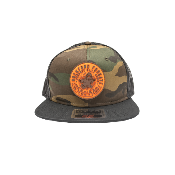 Front VIew of Camo Anvil Hat Featuring Orange Patch