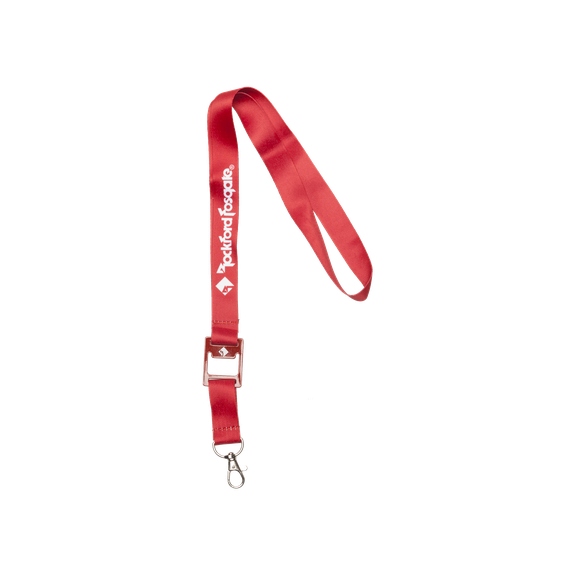Front View of Red Rockford Fosgate Lanyard with White RF Graphic Logo and Bottle Opener Attached