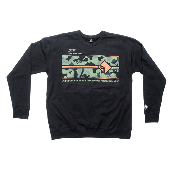 Front Side View of Black Rockford Fosgate Sweatshirt with Camo Graphic