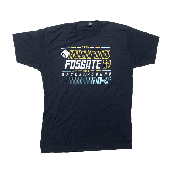 Front Side View of Navy Blue Rockford Fosgate T-Shirt with Team RF Graphic