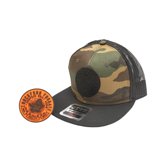 Three Quarter VIew of Camo Anvil Hat with Removable Velcro Patch