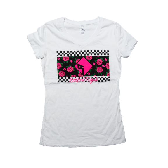 Front View of White Rockford Fosgate Ladies T-Shirt with RF Rose Graphic