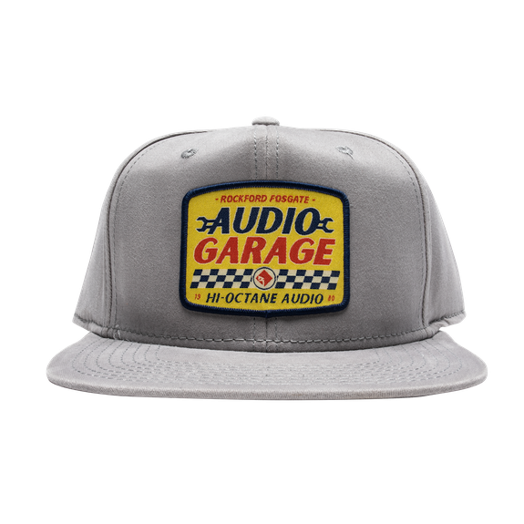 Front Side View of Grey Rockford Fosgate Hat with Audio Garage Graphic