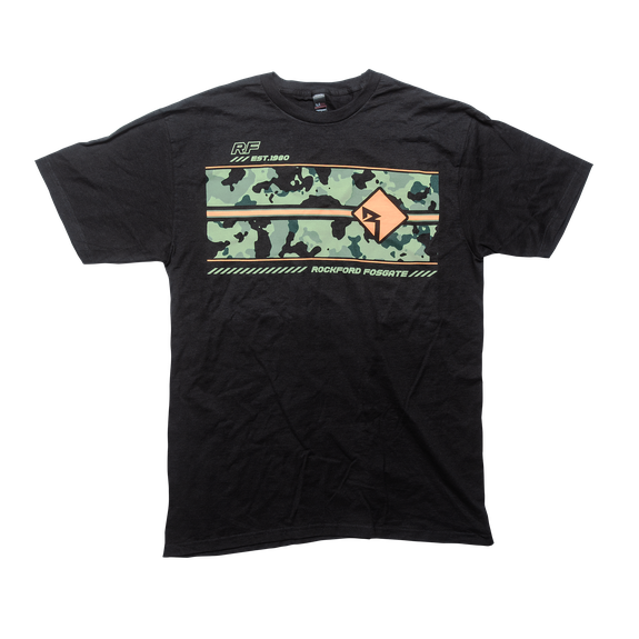 Front Side View of Black Rockford Fosgate T-shirt with Camo Graphic