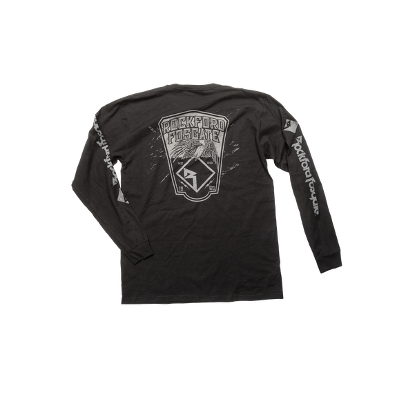 Back Side View of Black Rockford Fosgate Long Sleeve Motorcycle Audio Shirt