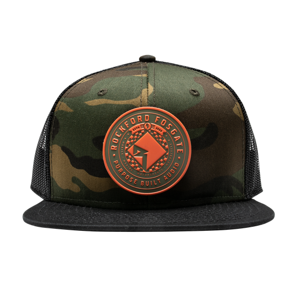 Front View of Camo Rockford Fosgate Snapback Hat with RF Rubber Patch