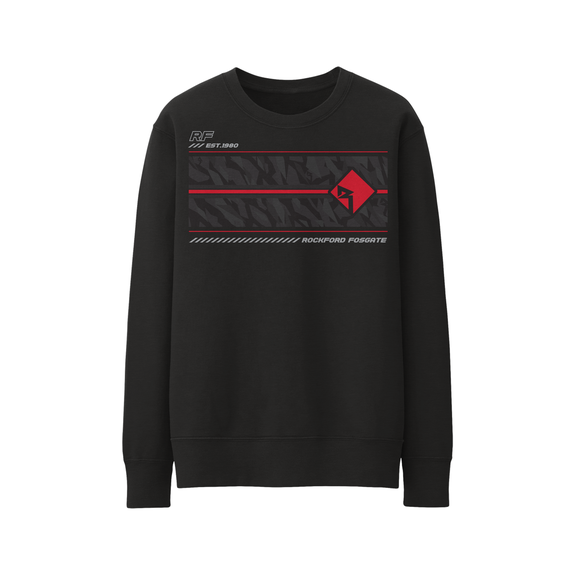 Front Side View of Sweatshirt with Red and Gray Camo Graphic