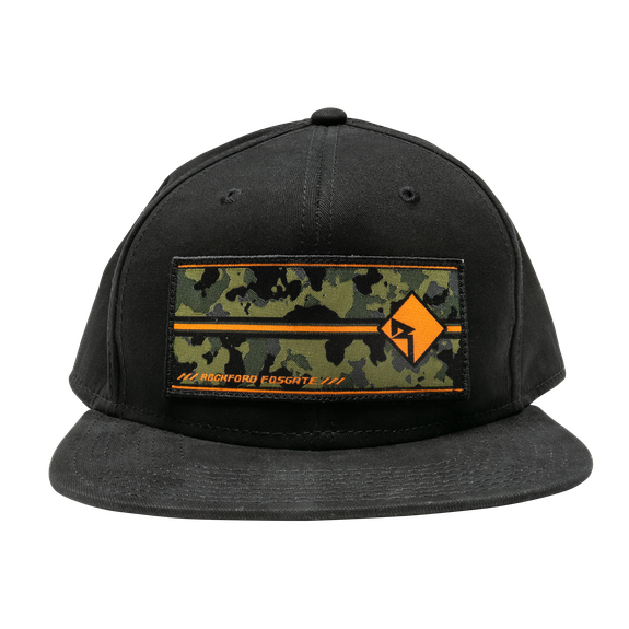 Front View of Black Rockford Fosgate Hat with Camo RF Graphic