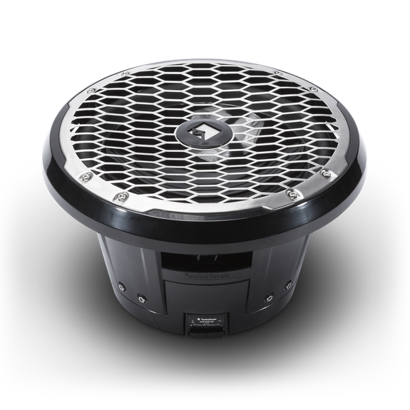 Profile View of Subwoofer with Black Trim Ring and Stainless Steel Grille