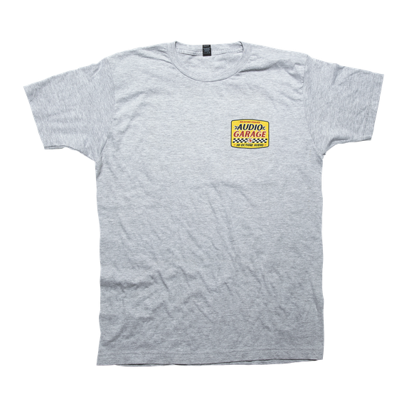 Front Side View of Grey Rockford Fosgate T-Shirt with Audio Garage Graphic